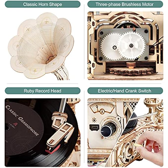 3D WOODEN PUZZLE FOR ADULTS DIY ELECTRICAL CLASSICAL GRAMOPHONE MODEL KITS TO BUILD VINYL RECORDS PLAYER UNIQUE BIRTHDAY GIFT - Image 2
